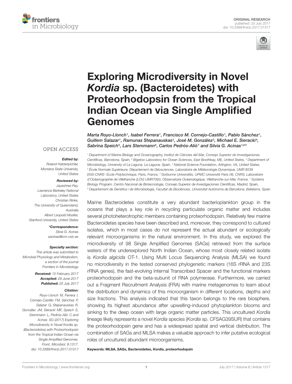 Exploring Microdiversity in Novel Kordia Sp. (Bacteroidetes) with Proteorhodopsin from the Tropical Indian Ocean Via Single Ampliﬁed Genomes