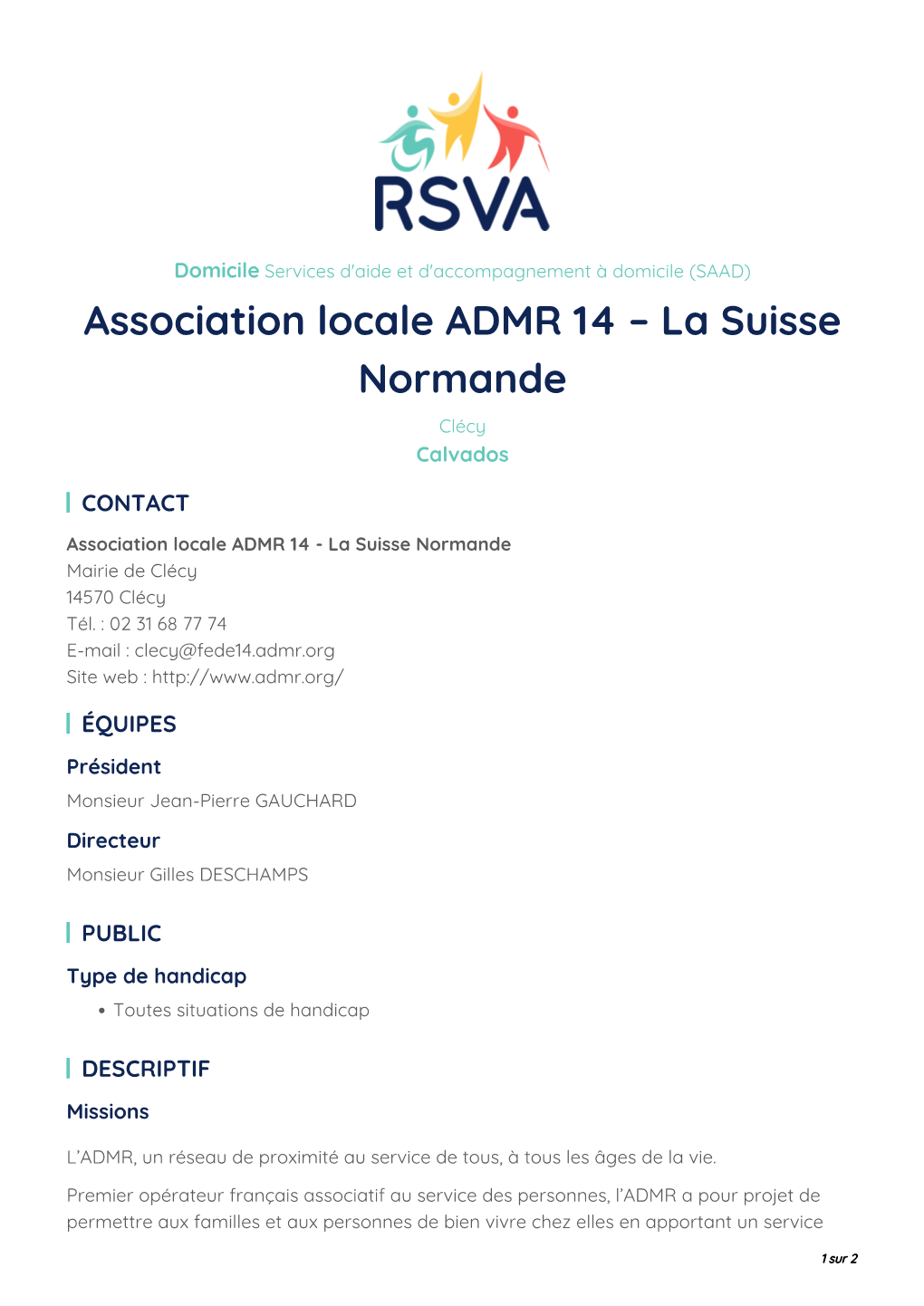 Association Locale ADMR 14 – La Suisse Normande Clécy Calvados