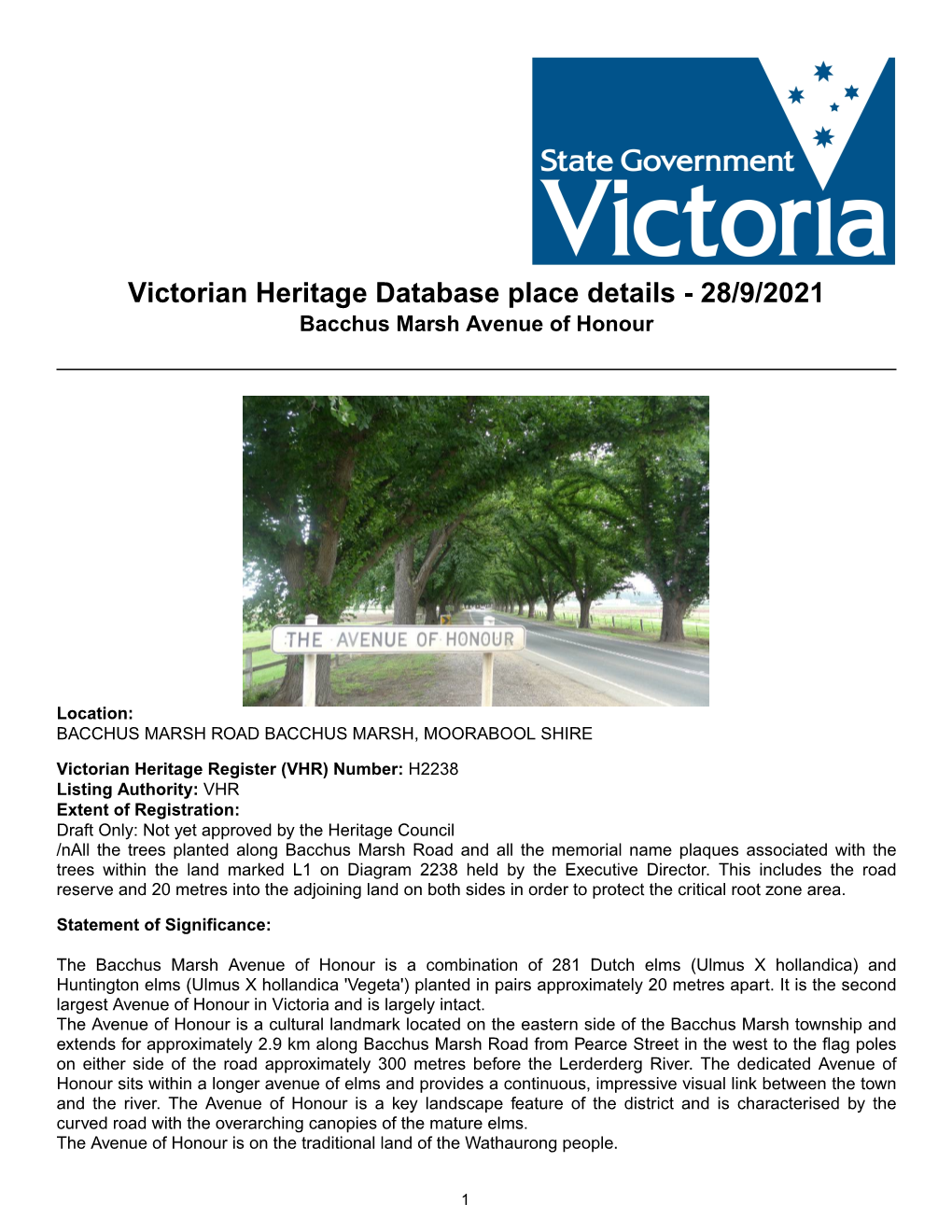 Victorian Heritage Database Place Details - 28/9/2021 Bacchus Marsh Avenue of Honour