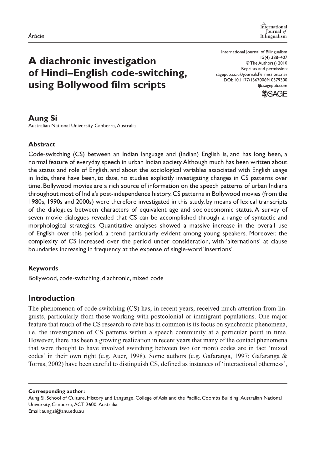 A Diachronic Investigation of Hindi–English Code-Switching, Using