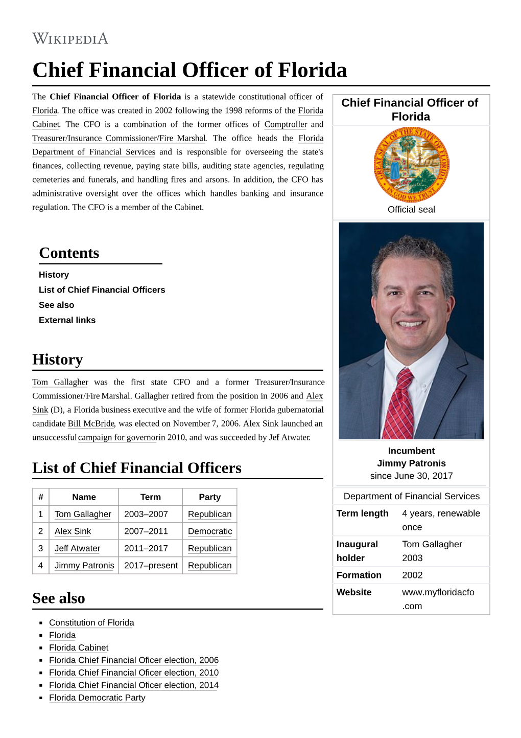 Chief Financial Officer of Florida