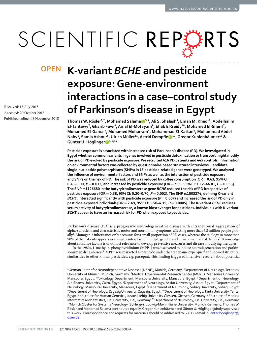 K-Variant BCHE and Pesticide Exposure