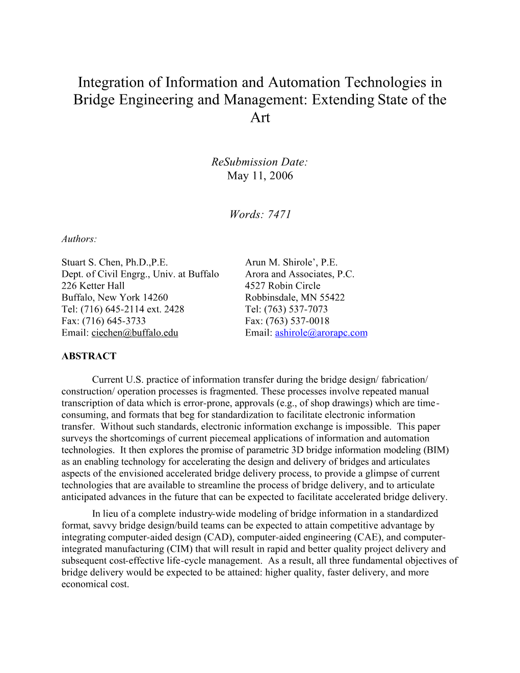Integration of Information and Automation Technologies in Bridge Engineering and Management: Extending State of the Art