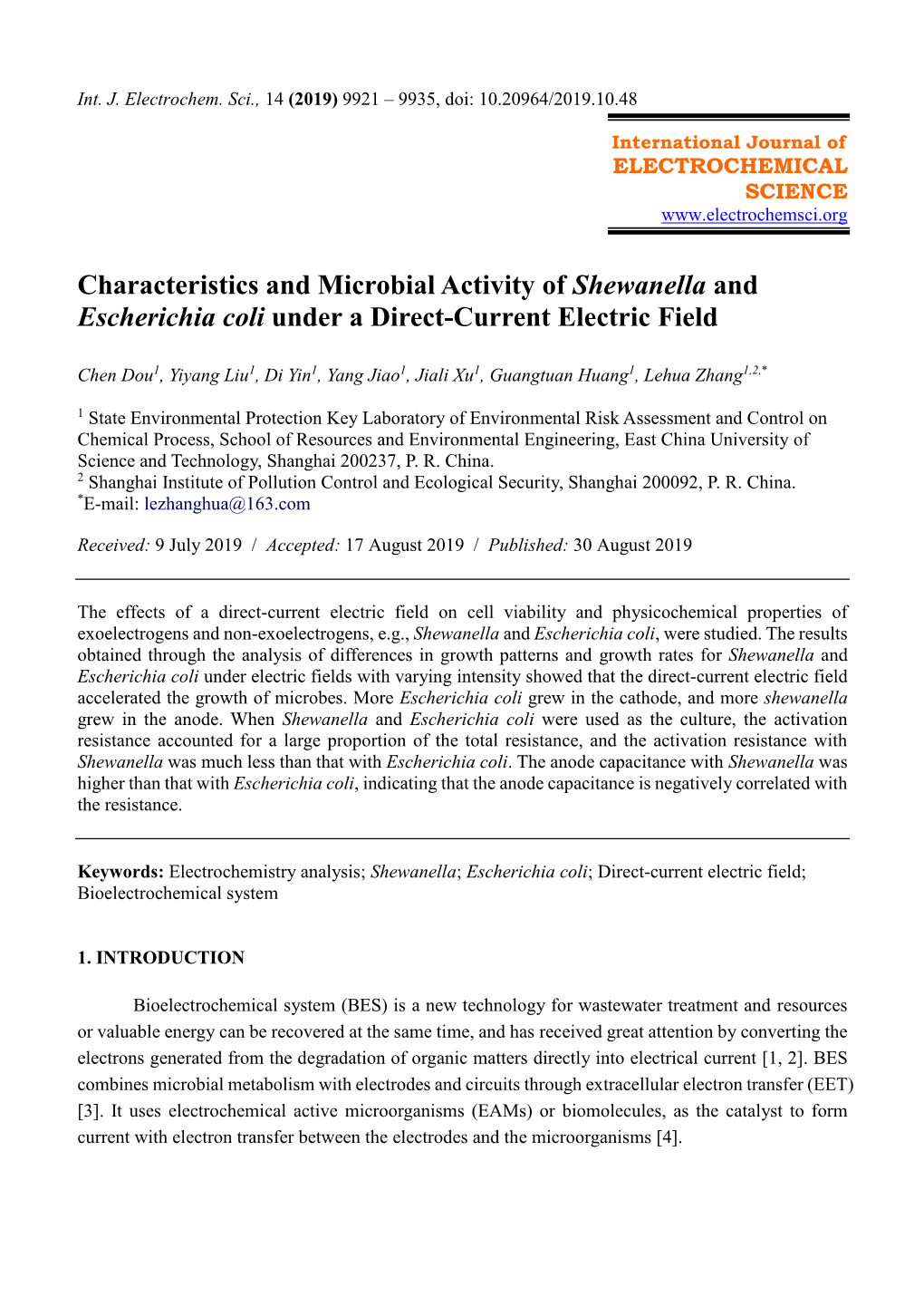 Characteristics and Microbial Activity of Shewanella and Escherichia Coli Under a Direct-Current Electric Field