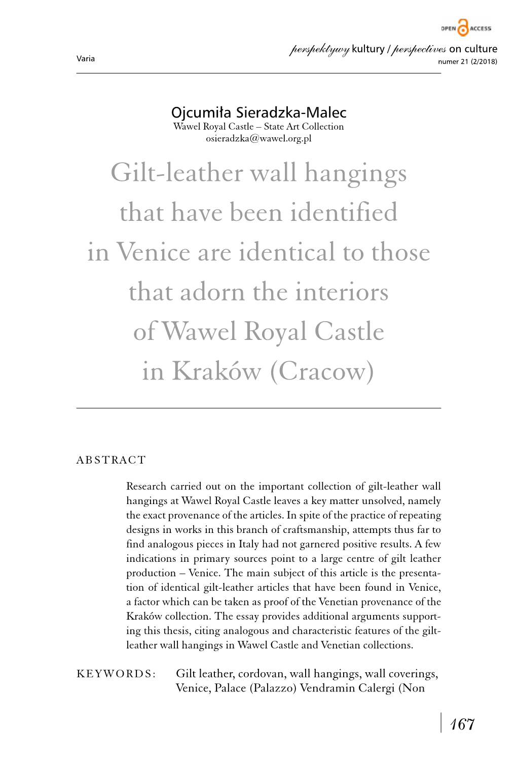 Gilt-Leather Wall Hangings That Have Been Identified in Venice Are Identical to Those That Adorn the Interiors of Wawel Royal Castle in Kraków (Cracow)