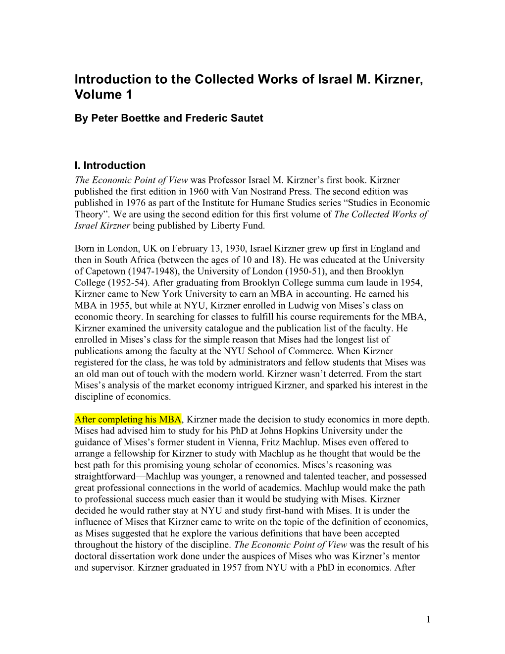 Introduction to the Collected Works of Israel M. Kirzner, Volume 1