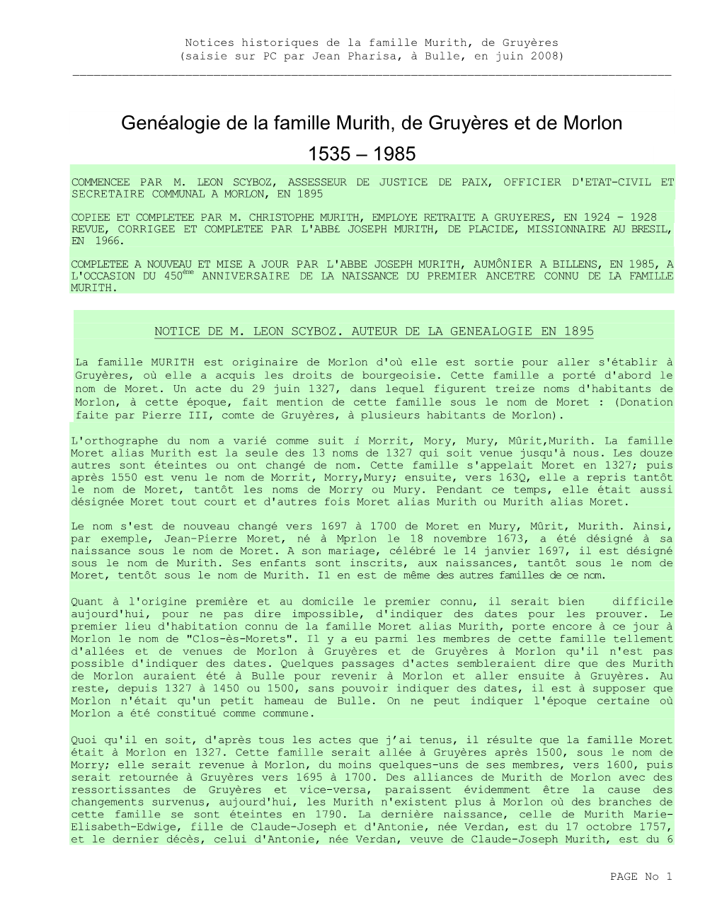 Genéalogie De La Famille Murith, De Gruyères Et De Morlon 1535 – 1985