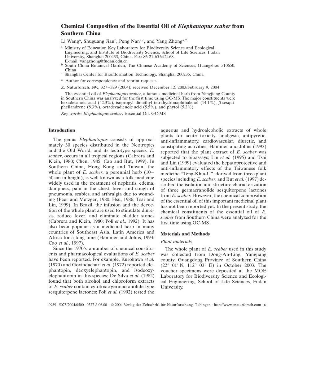 Chemical Composition of the Essential Oil of Elephantopus Scaber from Southern China