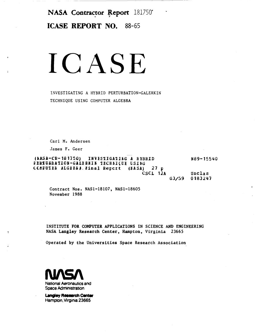 181750' Icase Report No. 88-65 Icase