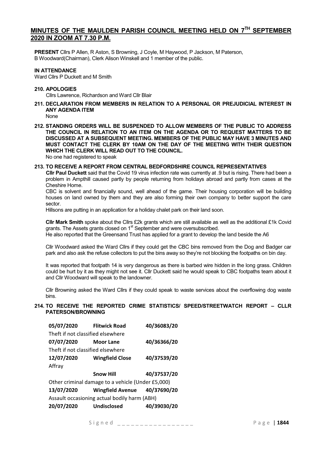 Minutes of the Maulden Parish Council Meeting Held on 7Th September 2020 in Zoom at 7.30 P.M