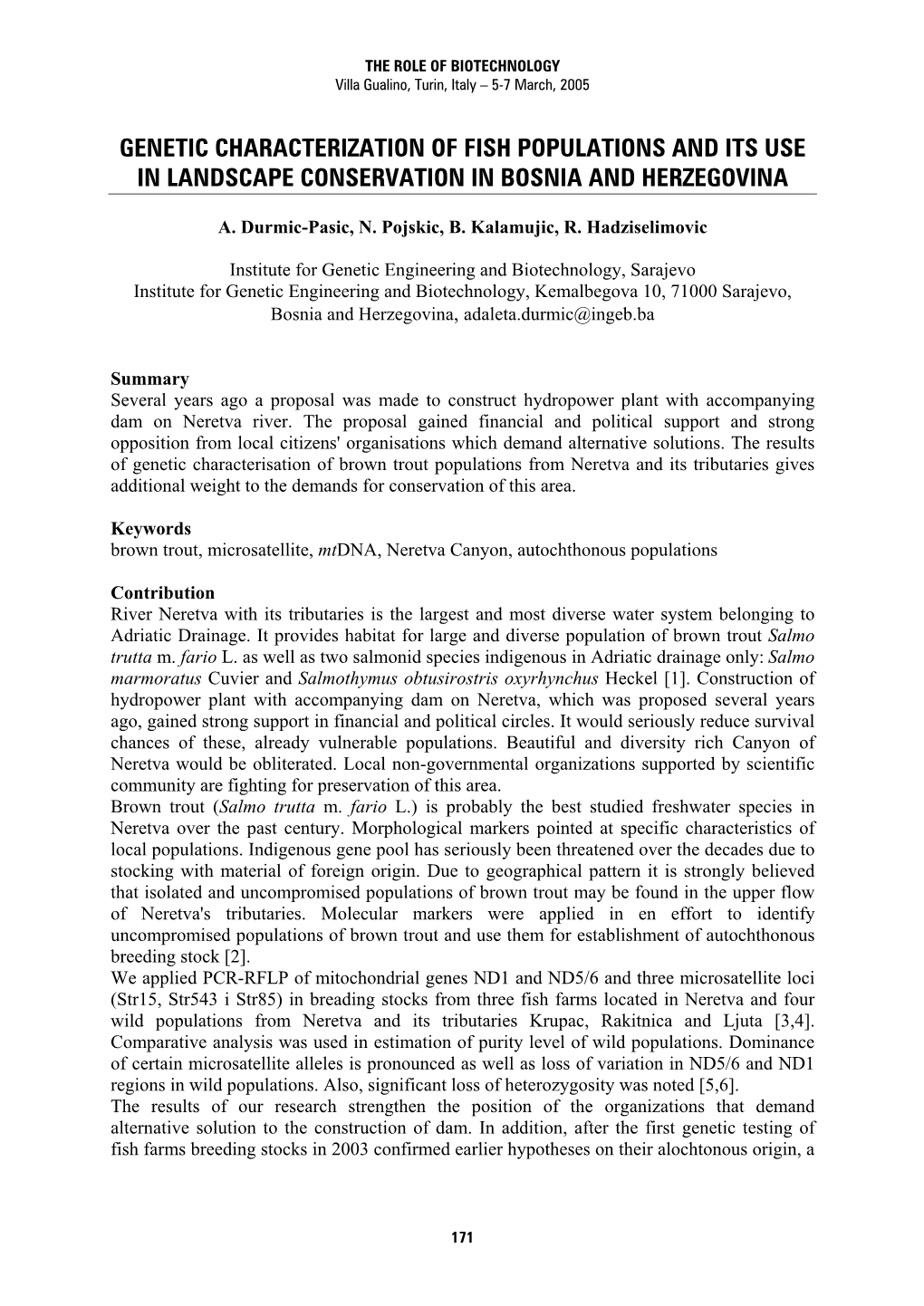 Genetic Characterization of Fish Populations and Its Use in Landscape Conservation in Bosnia and Herzegovina