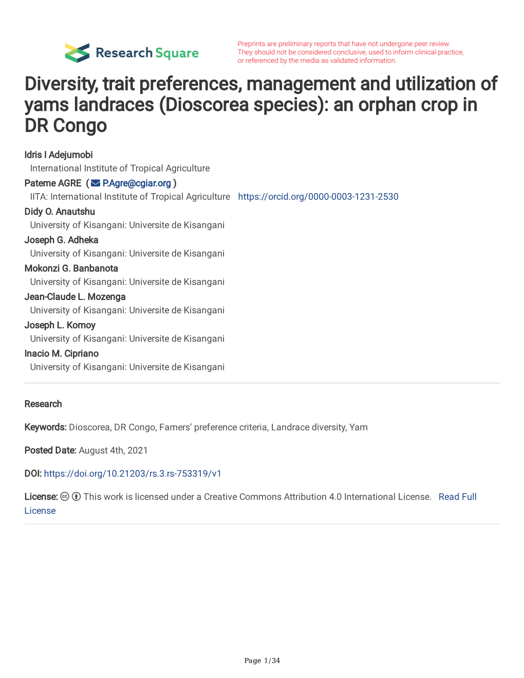 (Dioscorea Species): an Orphan Crop in DR Congo