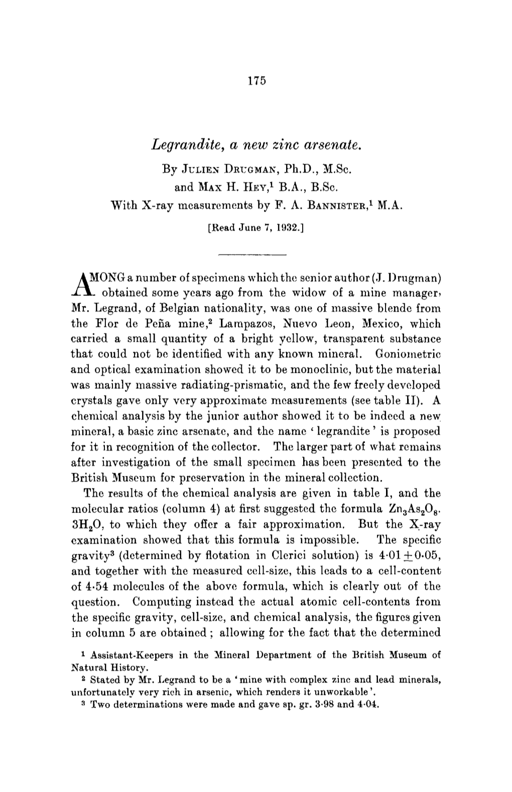 Legrandite, a New Zinc Arsenate. by JULIEN DRISGMAI~',Ph.D., M.Sc