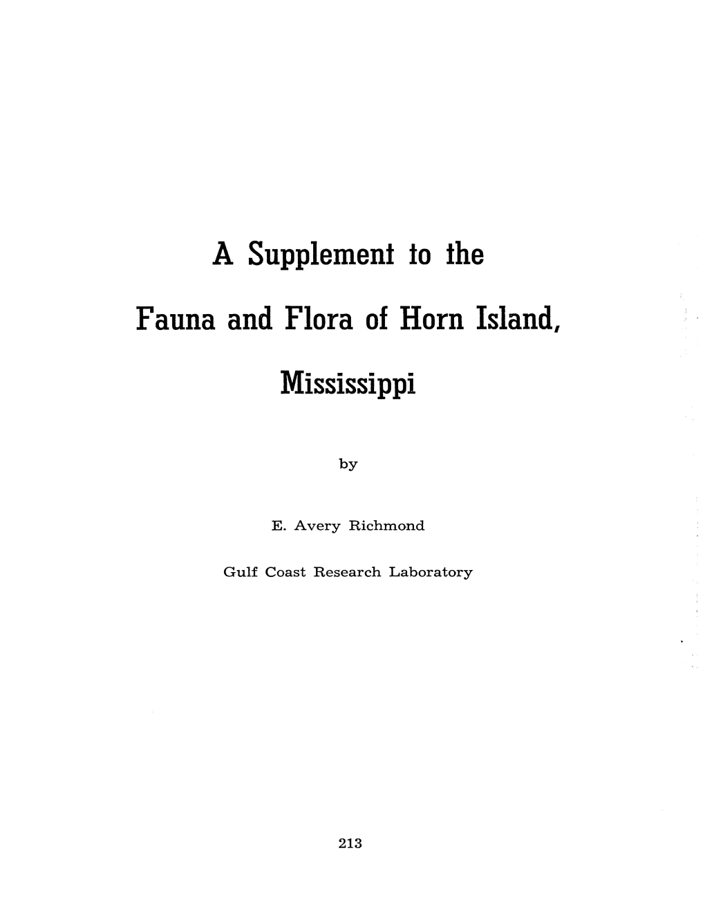 A Supplement to the Fauna and Flora of Horn Island, Mississippi
