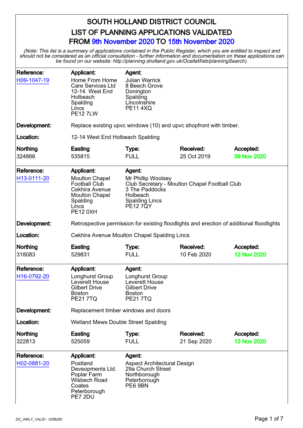 South Holland District Council List of Validated Planning Applications