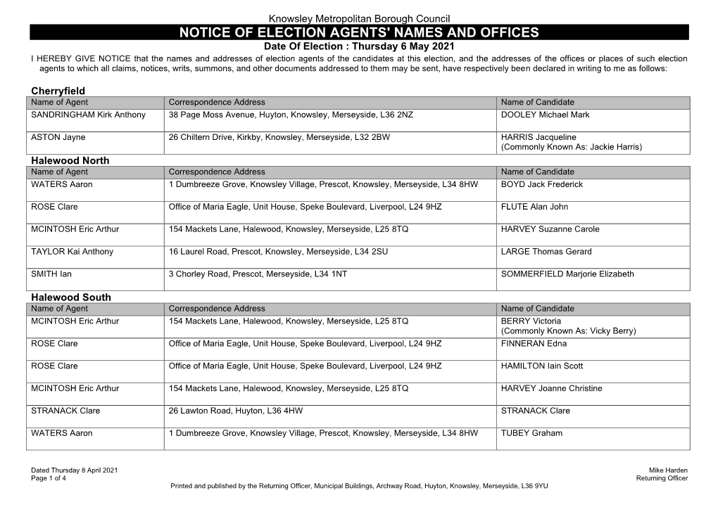 Notice of Election Agents' Names and Offices