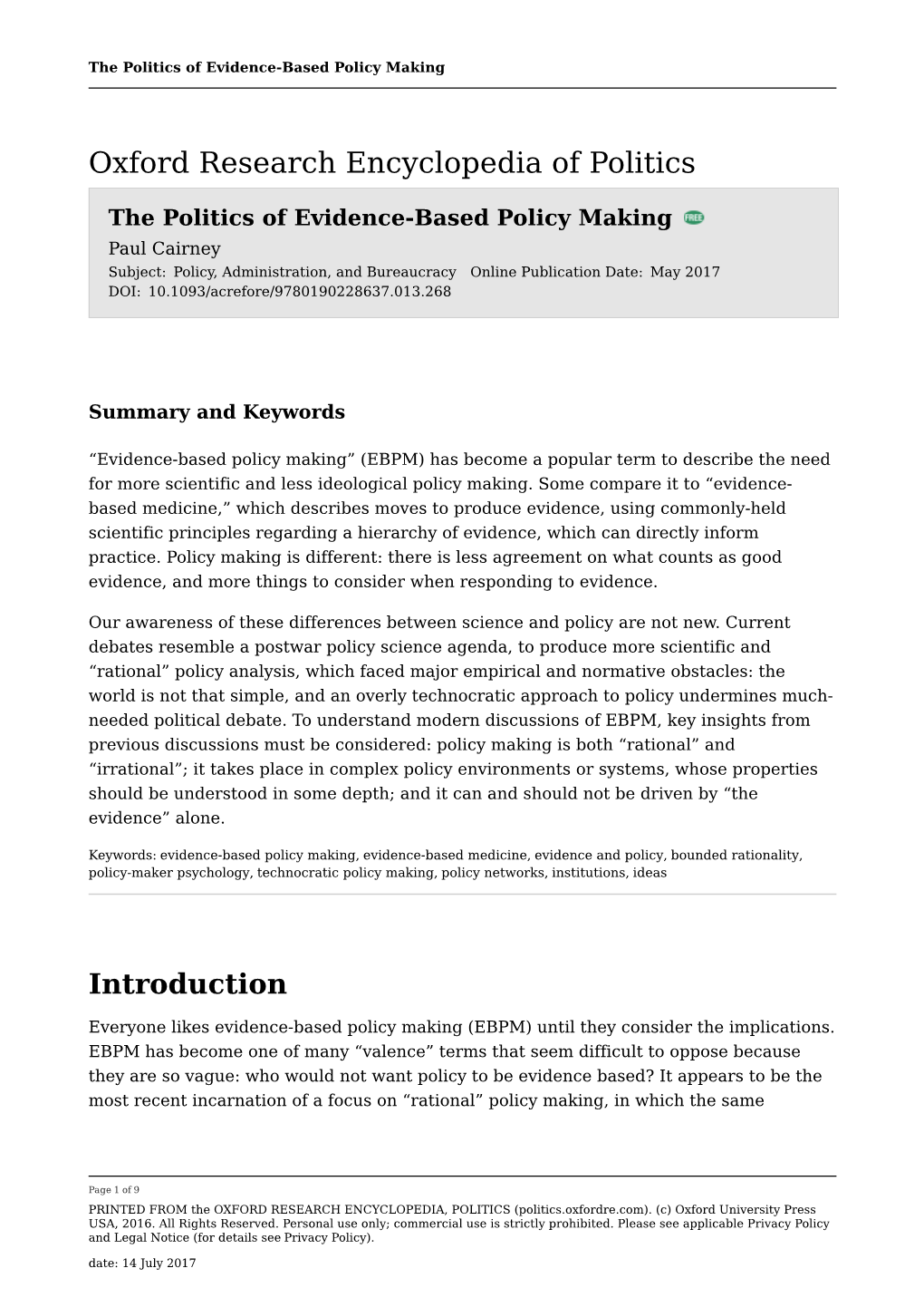 Politics of Evidence-Based Policy Making