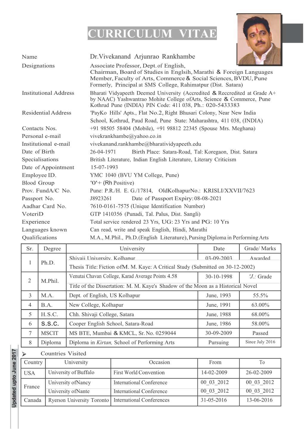 Dr.Vivekanand Arjunrao Rankhambe Designations Associate Professor, Dept