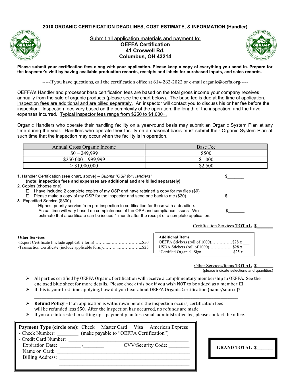 Organic Process/Handling Plan Questionnaire