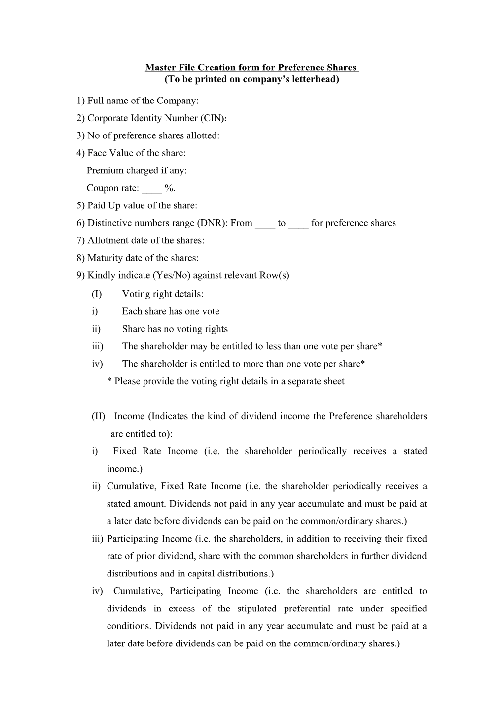 Master File Creation Form for Preference Shares