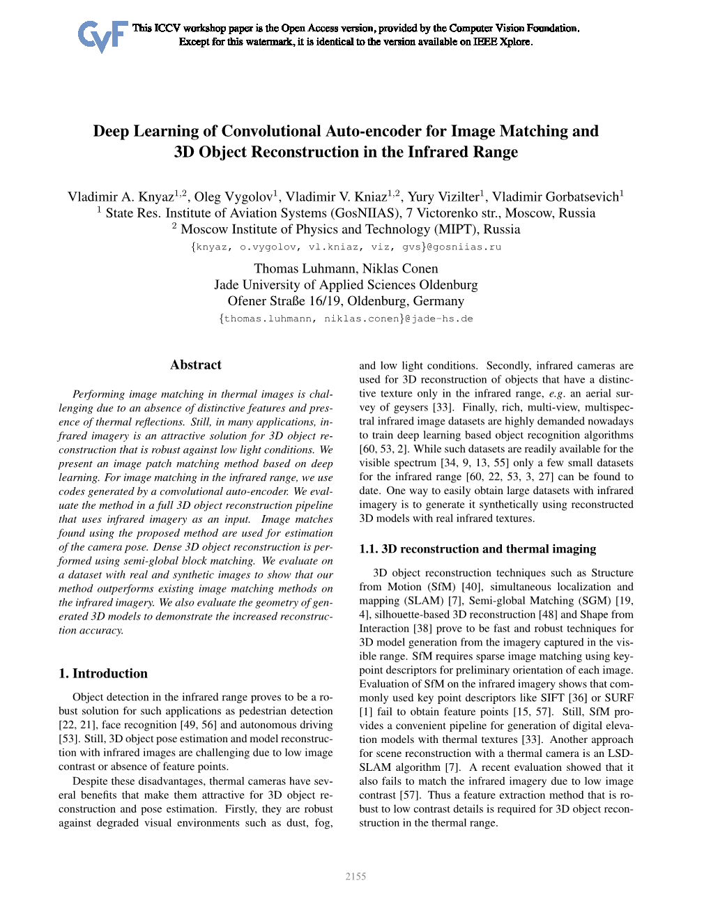 Deep Learning of Convolutional Auto-Encoder for Image Matching and 3D Object Reconstruction in the Infrared Range