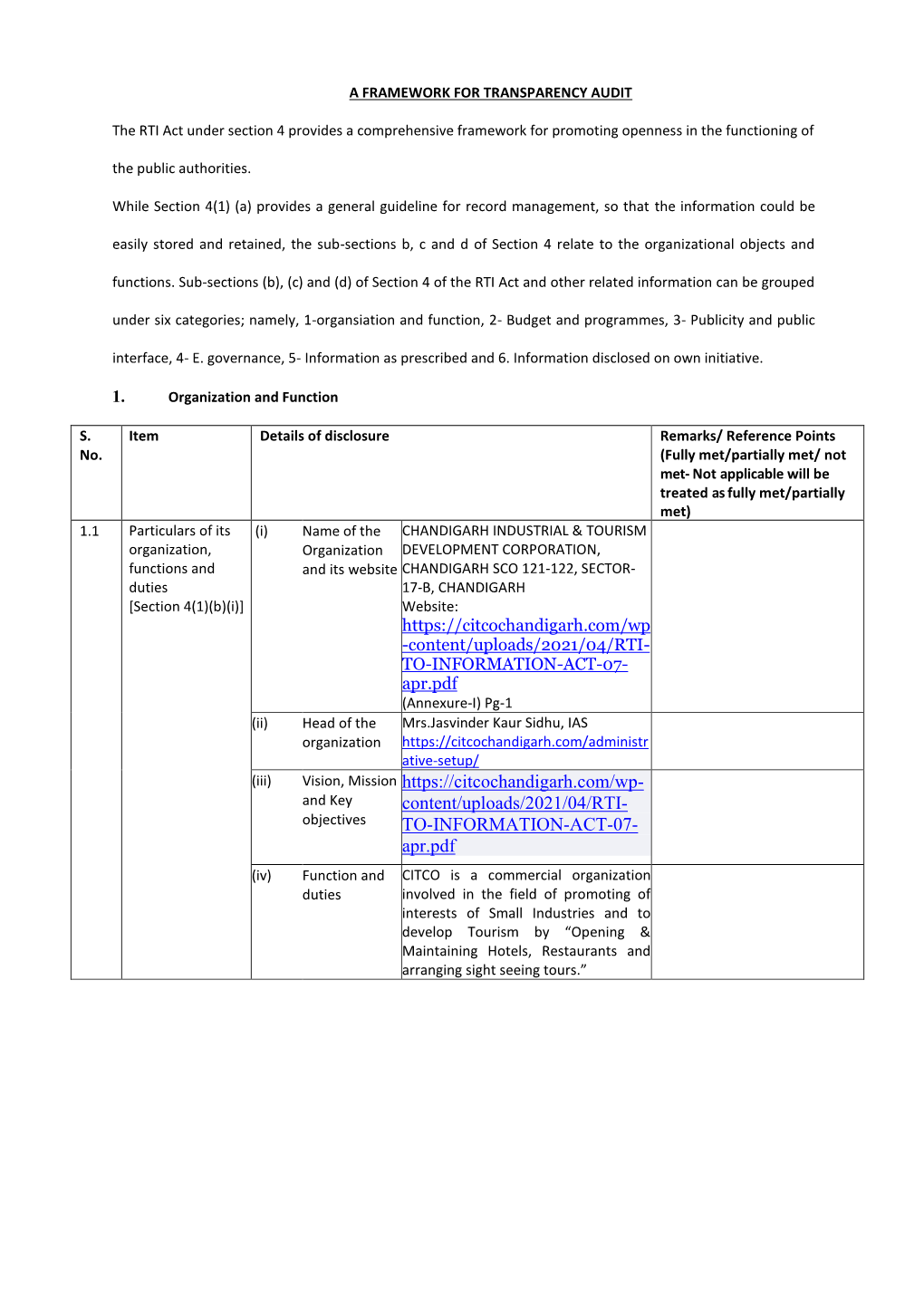 A FRAMEWORK for TRANSPARENCY AUDIT the RTI Act Under Section 4 Provides a Comprehensive Framework for Promoting Openness In