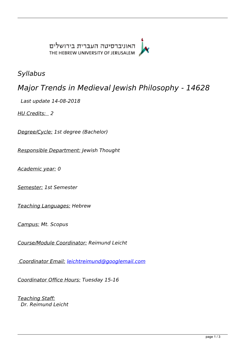 Syllabus Major Trends in Medieval Jewish Philosophy - 14628