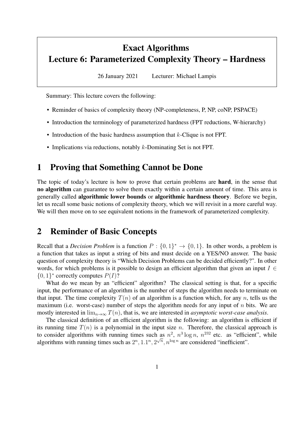 Parameterized Complexity Theory – Hardness