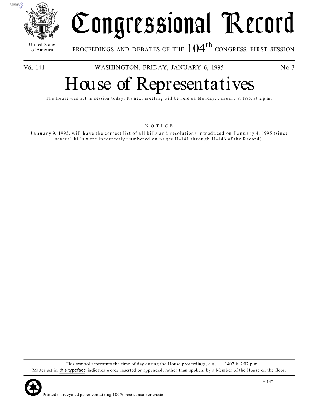 Congressional Record United States Th of America PROCEEDINGS and DEBATES of the 104 CONGRESS, FIRST SESSION