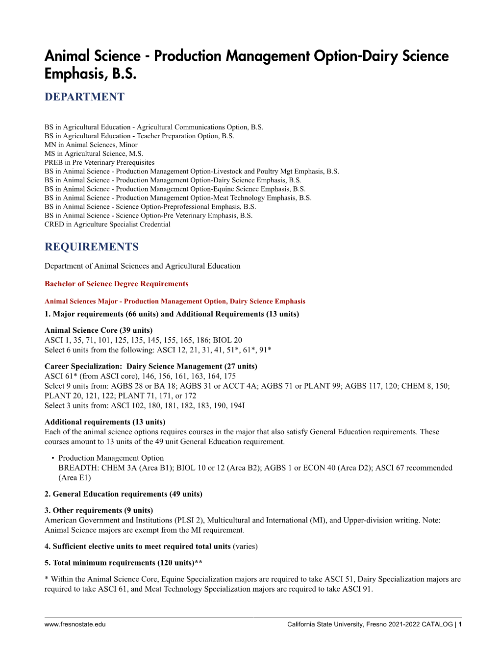 Animal Science - Production Management Option-Dairy Science Emphasis, B.S