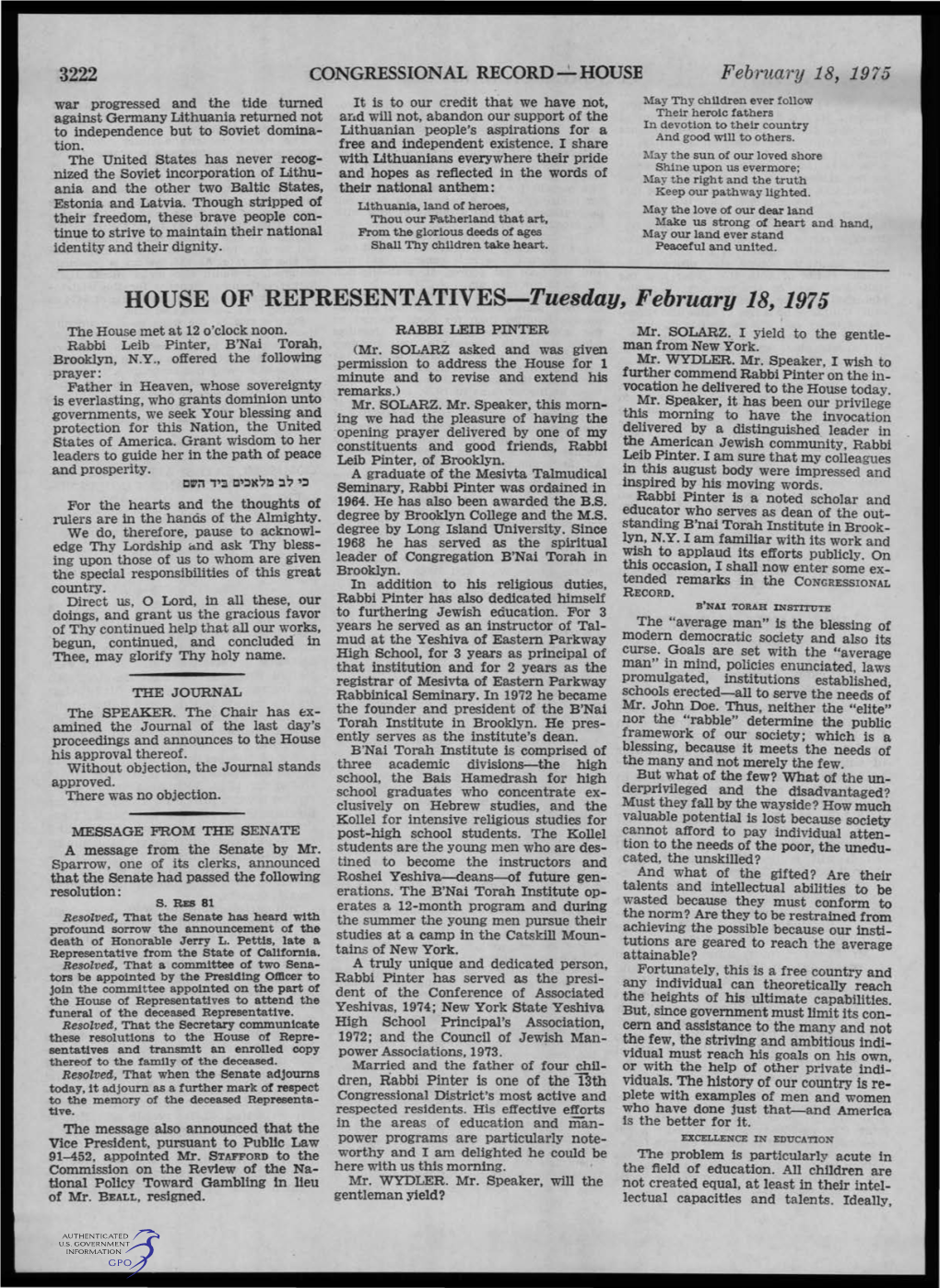 HOUSE OF' REPRESENTATIVES-Tuesday, February 18, 1975 the House Met at 12 O'clock Noon