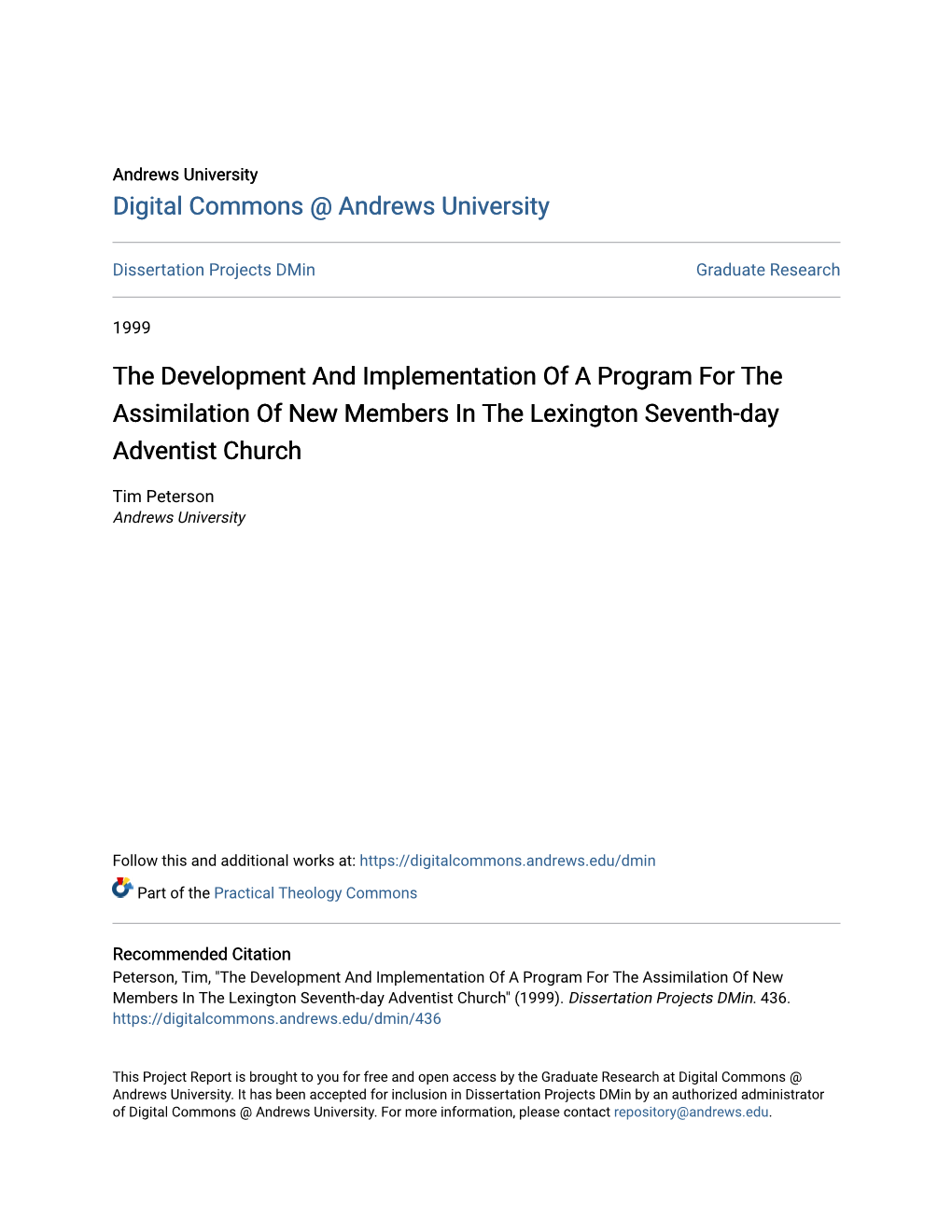 The Development and Implementation of a Program for the Assimilation of New Members in the Lexington Seventh-Day Adventist Church