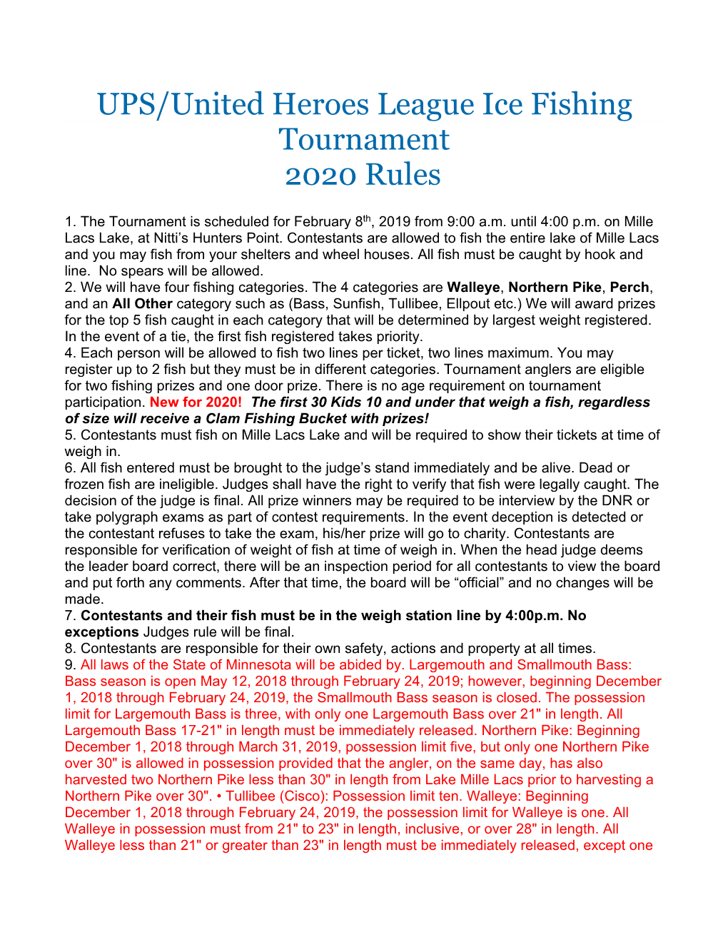 UPS/United Heroes League Ice Fishing Tournament 2020 Rules