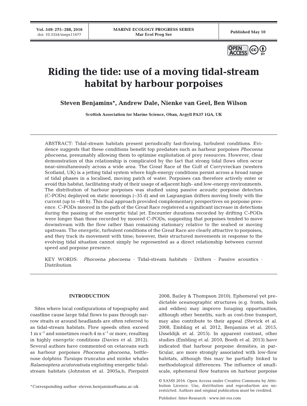 Riding the Tide: Use of a Moving Tidal-Stream Habitat by Harbour Porpoises