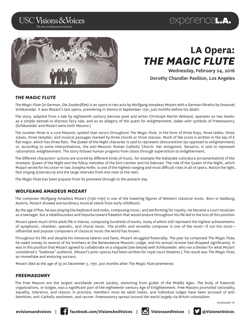 THE MAGIC FLUTE Wednesday, February 24, 2016 Dorothy Chandler Pavilion, Los Angeles