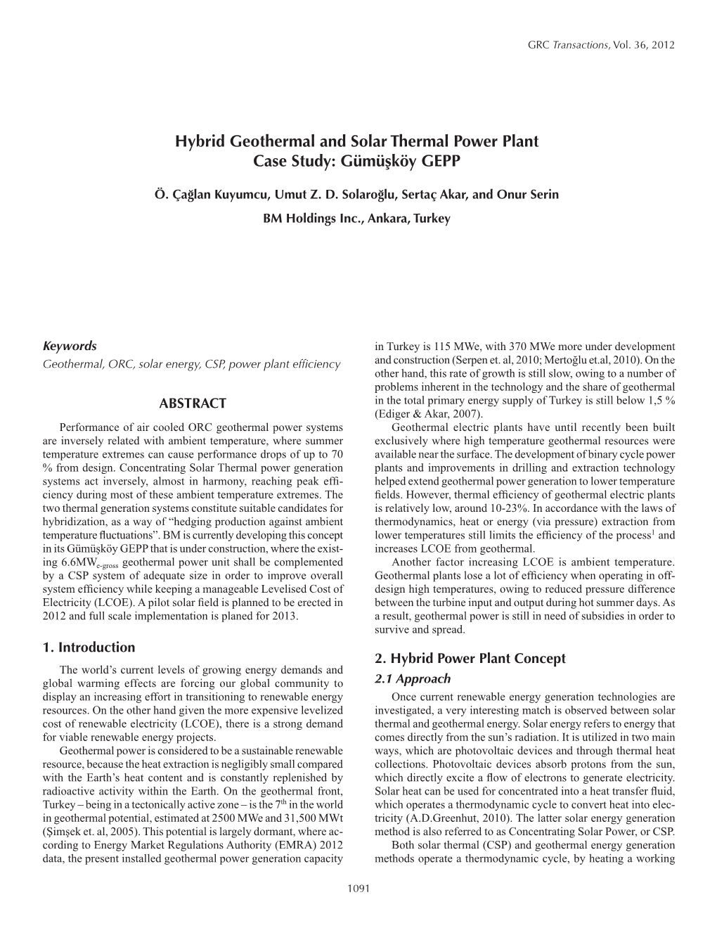 Hybrid Geothermal and Solar Thermal Power Plant Case Study: Gümüsköy GEPP