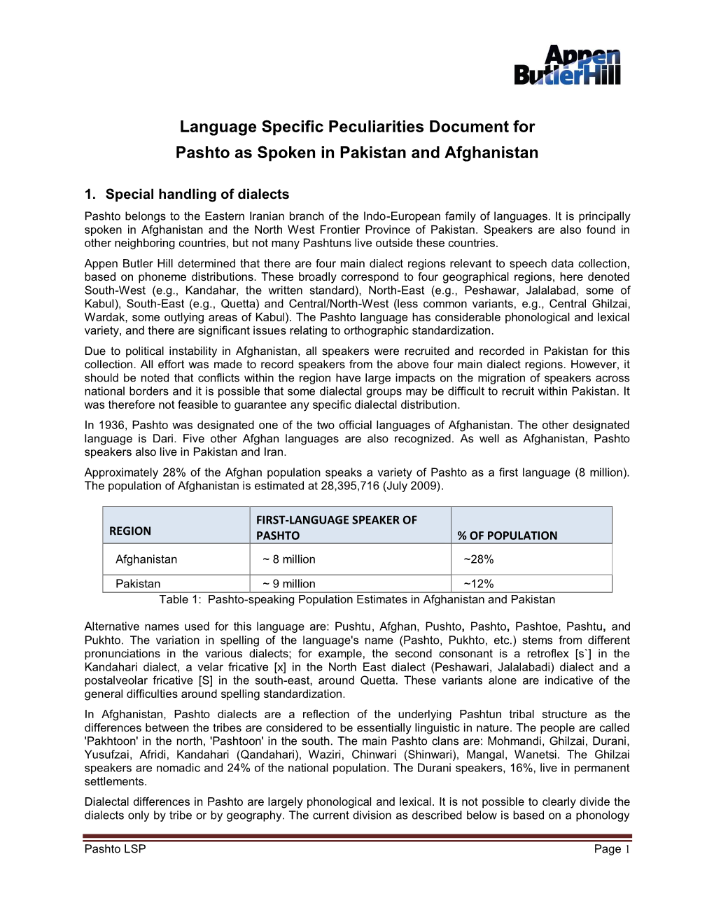 Language Specific Peculiarities Document for Pashto As Spoken in Pakistan and Afghanistan