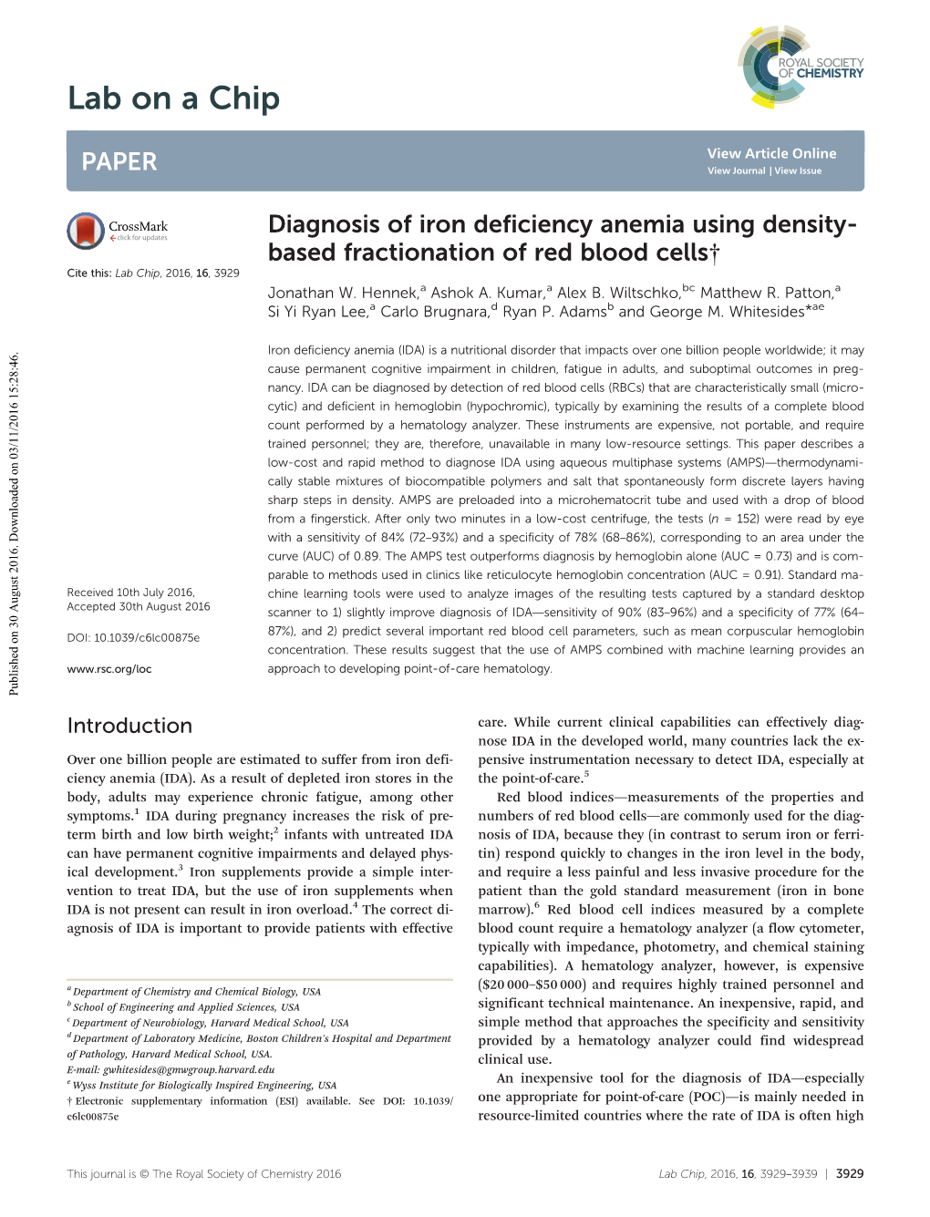 Diagnosis of Iron Deficiency Anemia Using Density-Based Fractionation Of
