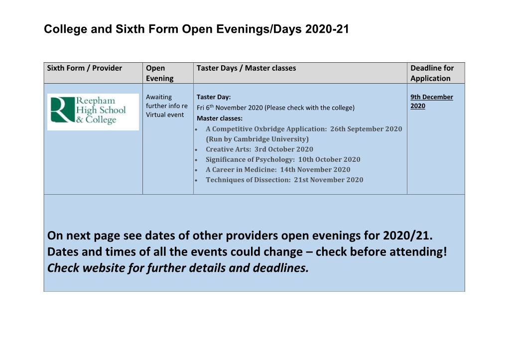 On Next Page See Dates of Other Providers Open Evenings for 2020/21. Dates and Times of All the Events Could Change