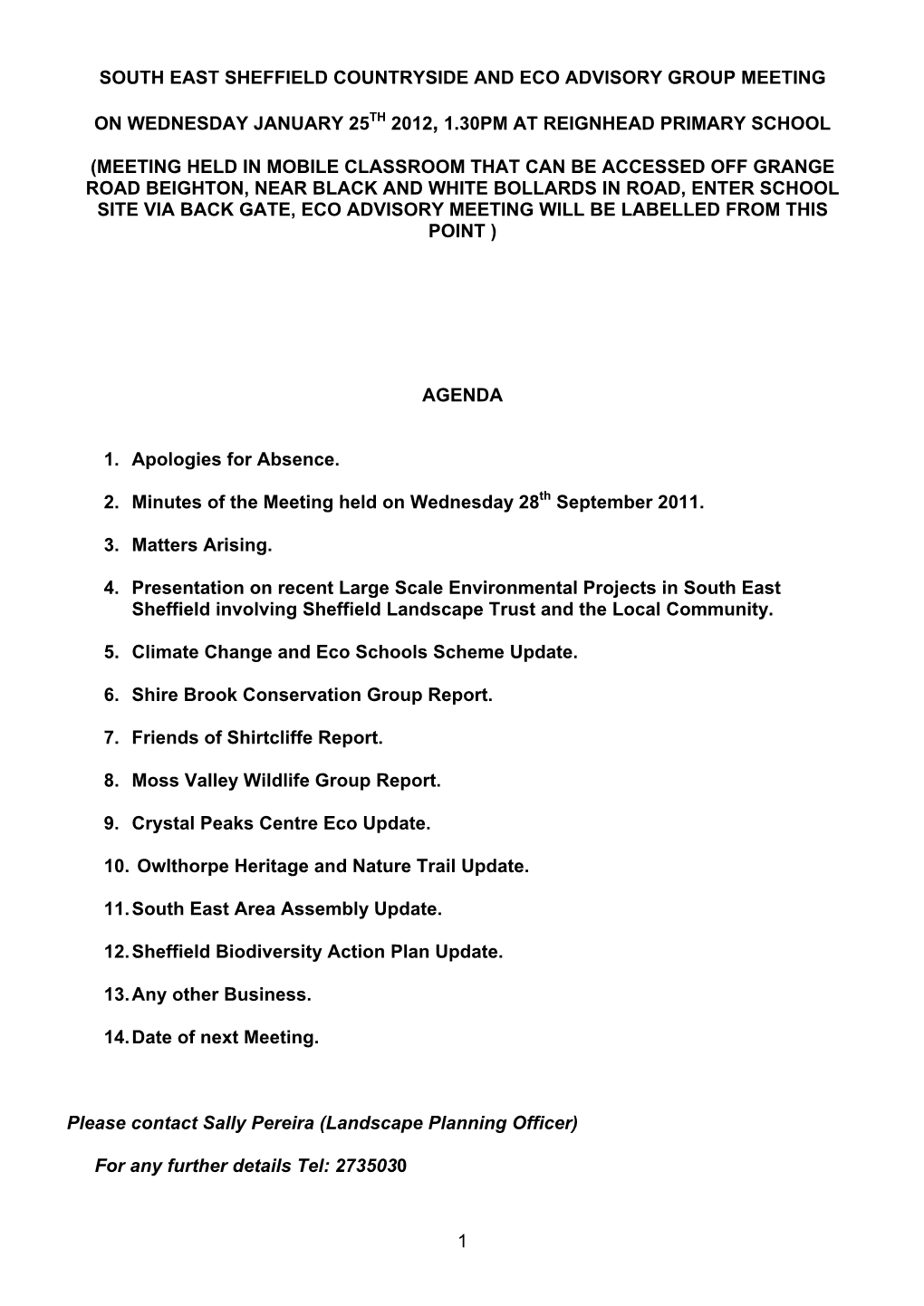 South East Sheffield Countryside and Eco Advisory Group Meeting