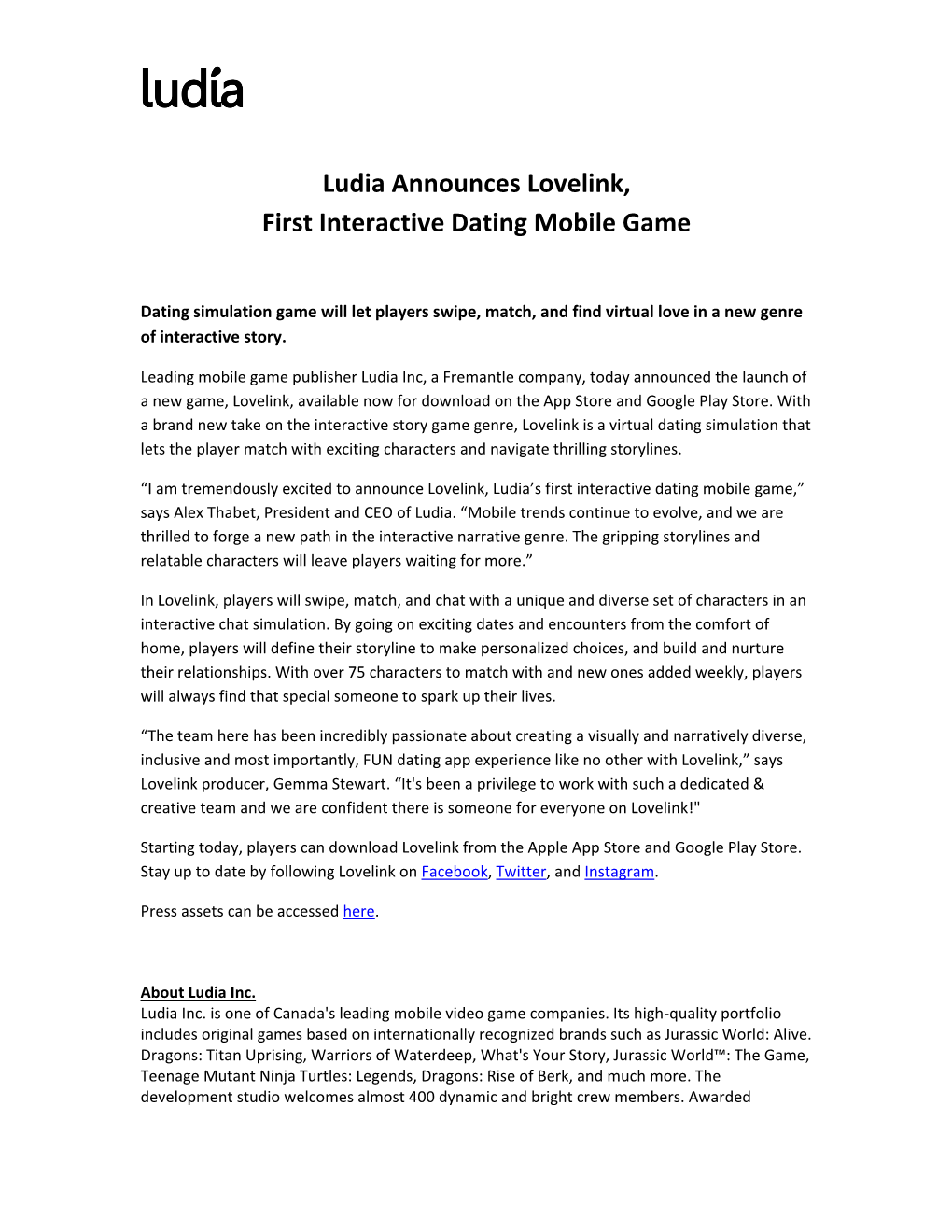 Ludia Announces Lovelink, First Interactive Dating Mobile Game