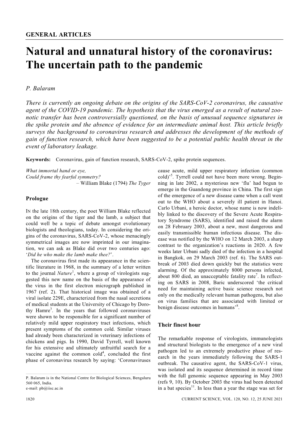 Natural and Unnatural History of the Coronavirus: the Uncertain Path to the Pandemic