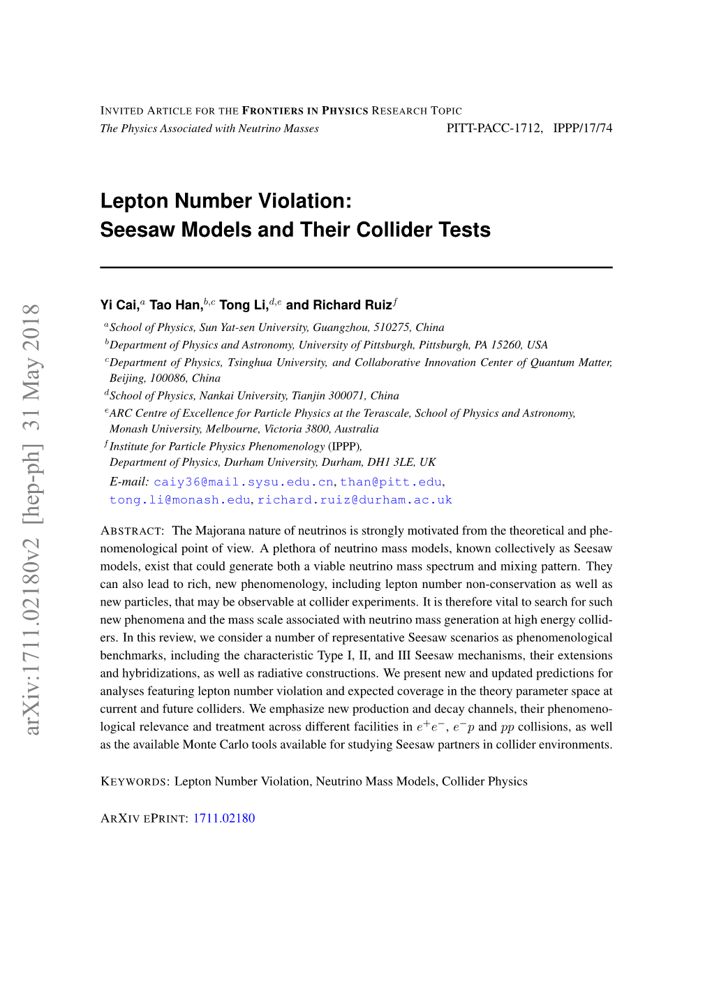 Lepton Number Violation: Seesaw Models and Their Collider Tests