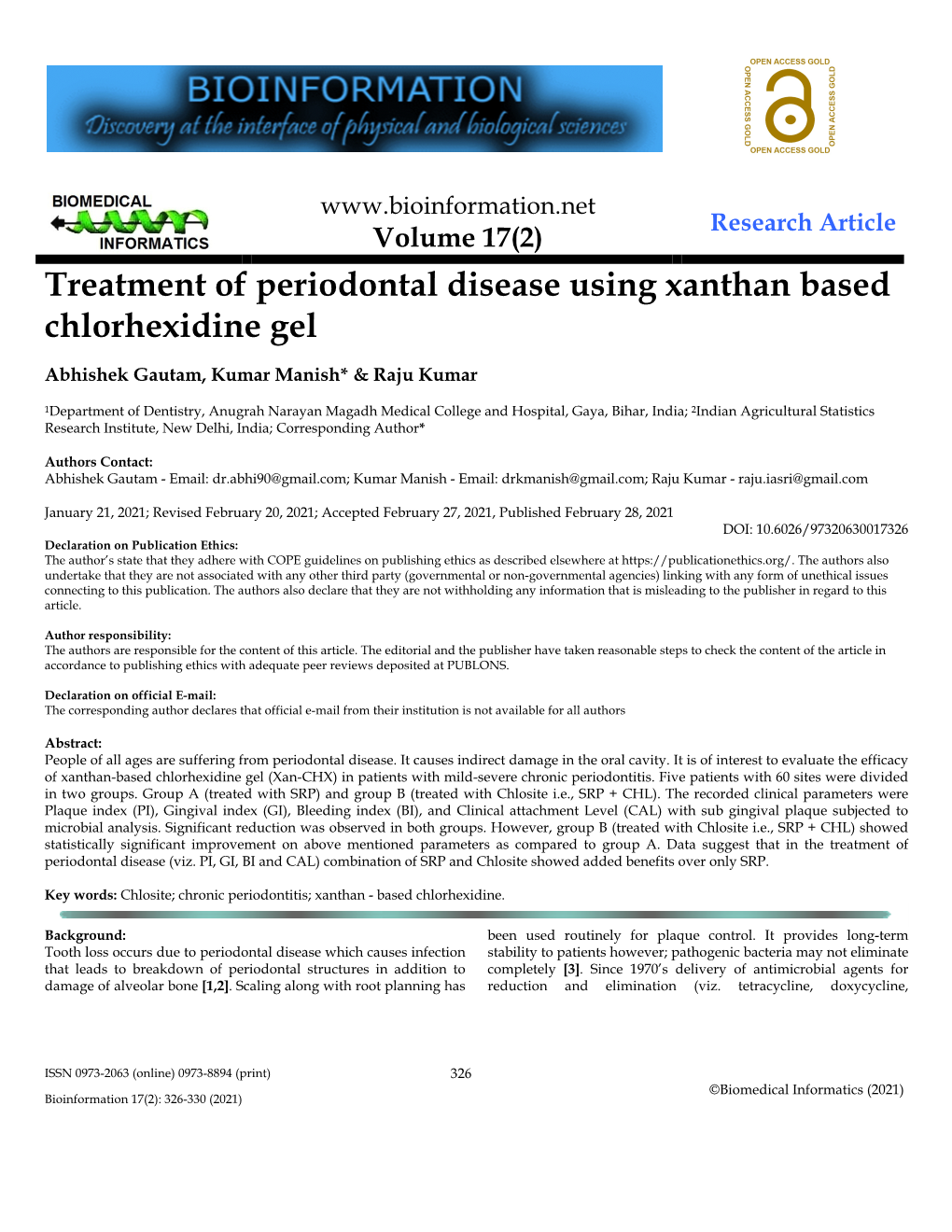 Treatment of Periodontal Disease Using Xanthan Based Chlorhexidine Gel