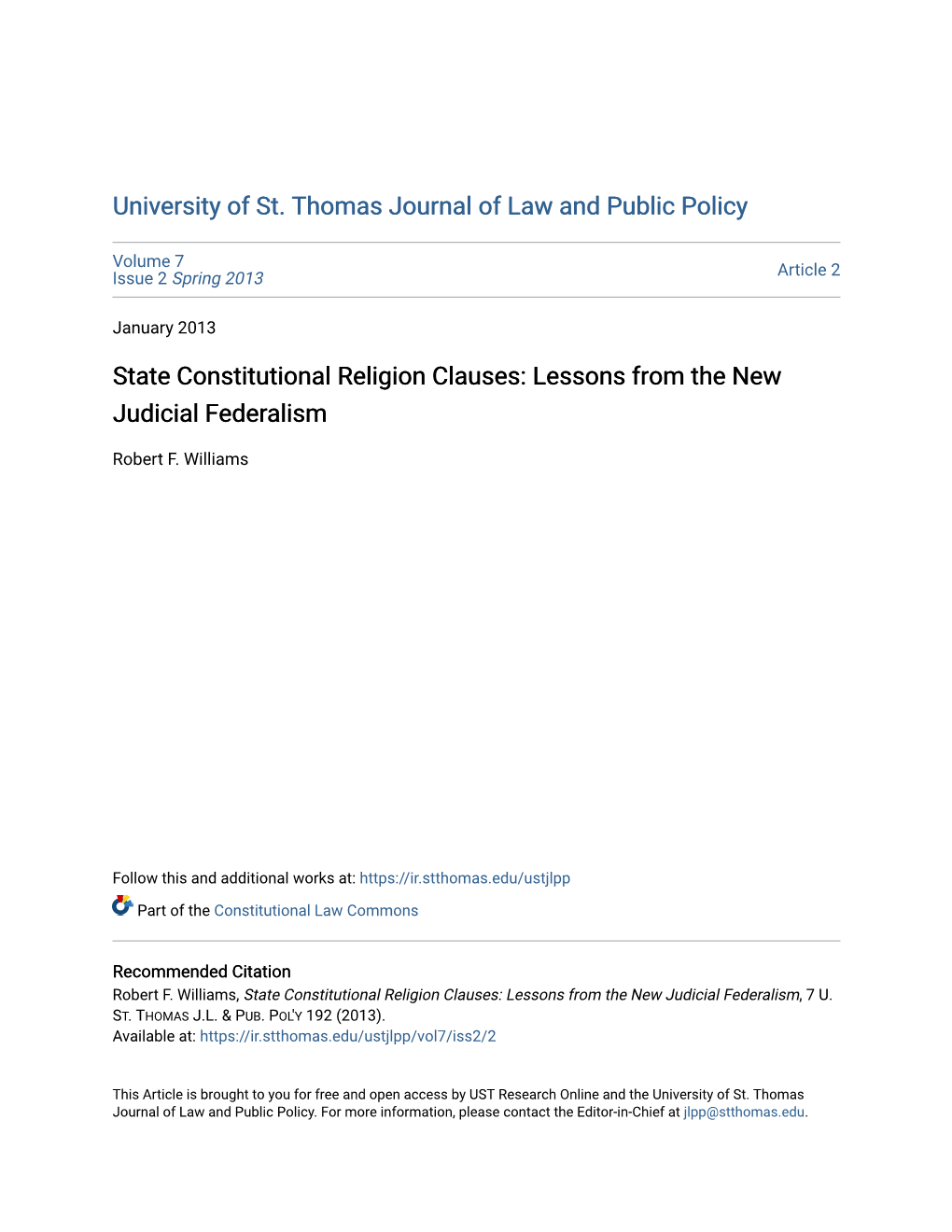 State Constitutional Religion Clauses: Lessons from the New Judicial Federalism