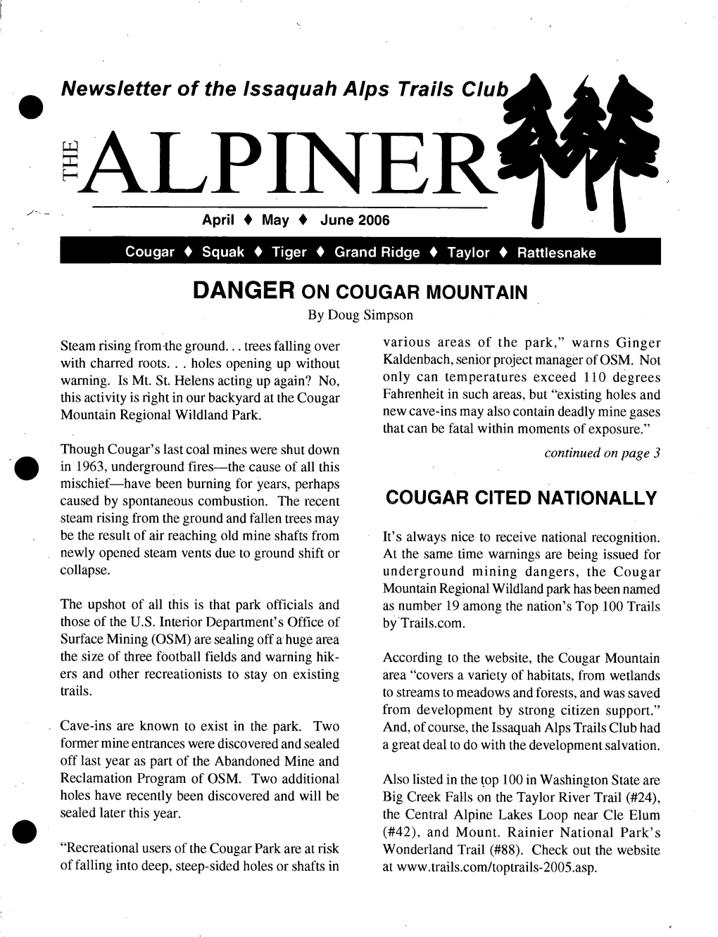 Newsletter of the Lssaquah Alps Trails Clu DANGER on COUGAR