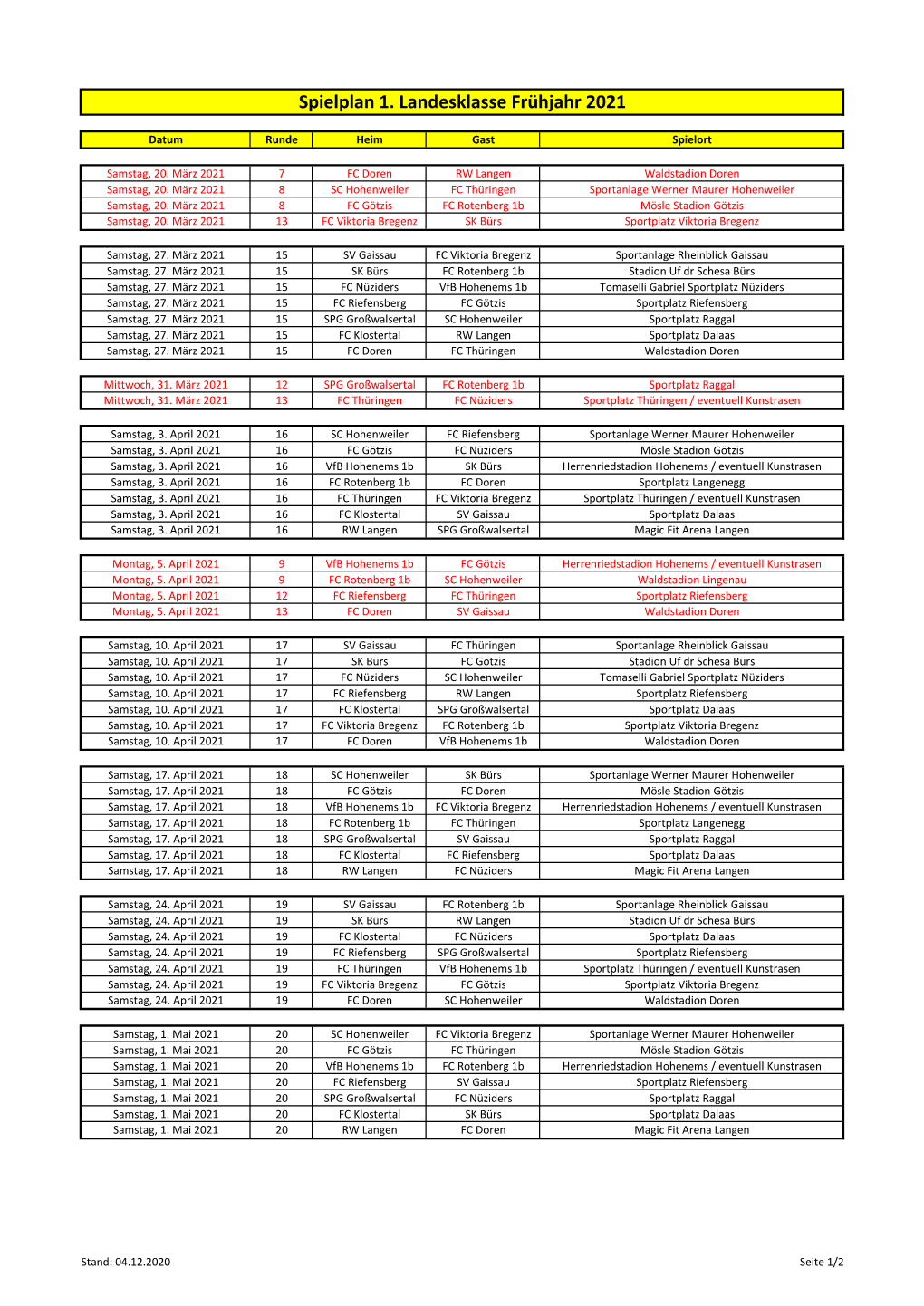 Spielplan 1. Landesklasse Frühjahr 2021