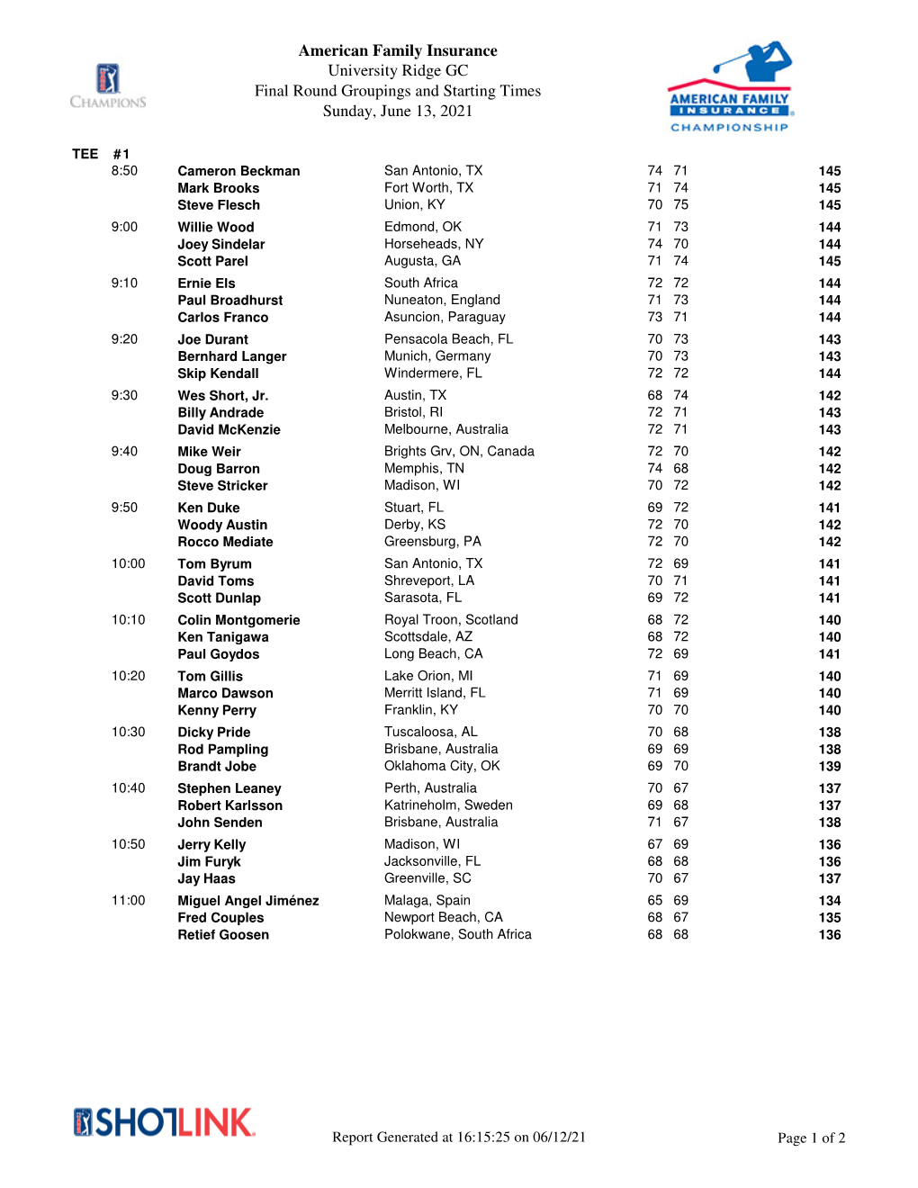 American Family Insurance University Ridge GC Final Round Groupings and Starting Times Sunday, June 13, 2021