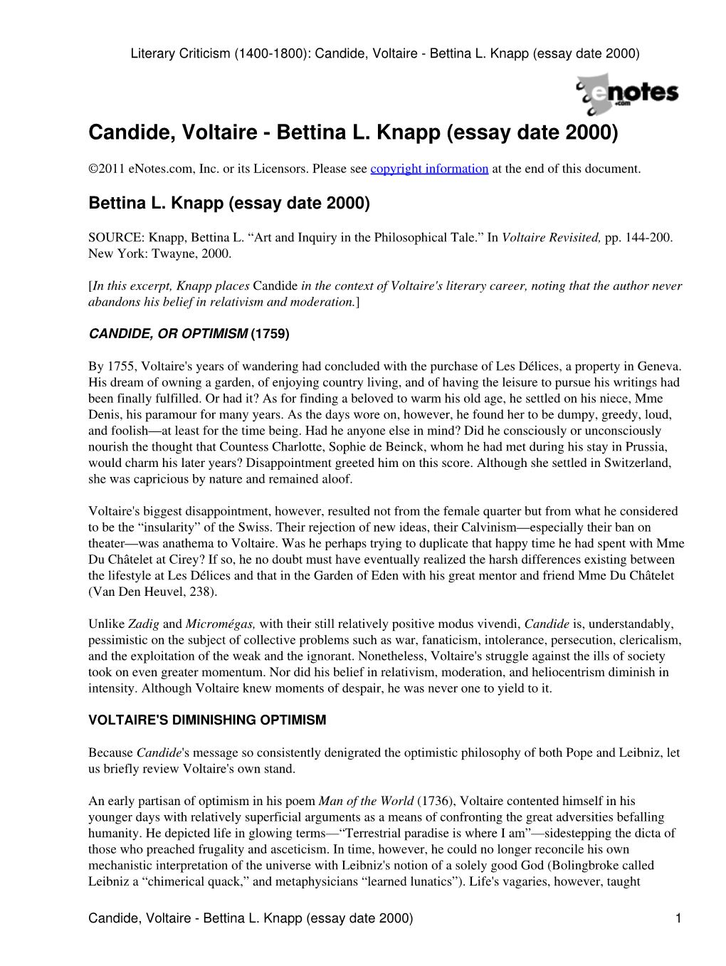 (1400-1800): Candide, Voltaire - Bettina L