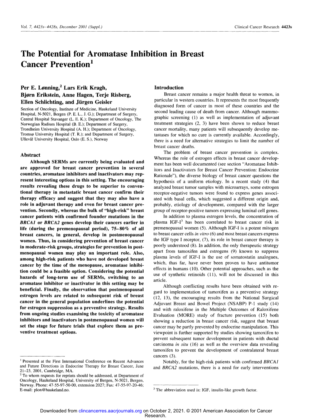 The Potential for Aromatase Inhibition in Breast Cancer Prevention